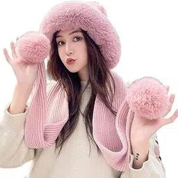 Winter Hat Scarf Set Knitted Winter Cap for Women Woolen Cap Attached with Mufflers for Girls & Ladies Stylish Soft Knitted Fleece Lined Pom-Pom Hat-image-6