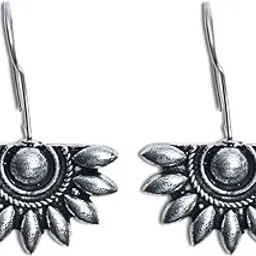 Traditional Silver Oxidised Half Sun Design Earrings for Women & Girls | Lightweight Ethnic Dangler Earrings | Boho Occasion Wear Jewellery-image-4
