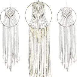 Urooz Macrame Dream Catcher with Golden Ring, Urooz14 (Pack of 3) Macrame Dream Catcher | Cotton Rope Bohemian Vintage Style Wall Hanging Tapestry | Modern Room Home Decor |-picture-10