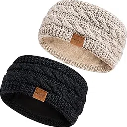 hatromm Winter Headbands for Women Wool 2 Pack, Ear Warmers for Women Headband Knit Thick Fleece Lined, Cold Weather Warm Ear Muffs, Black+Beige, 1 Count (Pack of 2)-picture-35
