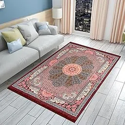 Velvet Kashmiri Royal Carpet 5x7 ft – Soft Designer Rug with Floral Medallion | Traditional Art-Inspired Anti-Slip Carpet for Living Room, Bedroom & Home Décor Coffee Orange-picture-33