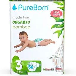 PureBorn Organic Bamboo Baby Diapers, M Size 3Y(5.5-8 Kg), 56 Count (Pack Of 1) Disposable Super Soft & Maximum Leakage Protection, Comfortable Nappies.-picture-39