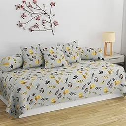 PROSPEROUS Cotton Printed Diwan Set Covers 6 Pieces - 1 Single Bed Sheet (60" X 90") with 3 Cushion (16" X 16"), 2 Bolster Covers (16" X 32") (Grey Floral)-picture-10