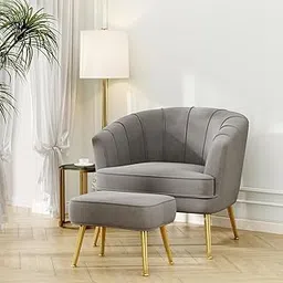 SOFALIZE - Modern Accent Chair with Footrest Channel Tufted Round Back, Cushion Seats Chair Set Gold Metal Legs, Chair for Livng Room, Bedroom, Hallway, Office. (Grey, Chair + Footrest)-image-86