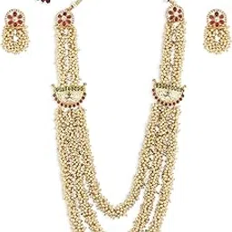 zaveri pearls Pink & Green Multi Layers Cluster Pearls Long Necklace & Earring Set For Women-ZPFK13669-picture-18