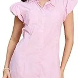 Women A-Line Striped Stylish Cotton Collar Dress with Button Front and Ruffle Sleeves-image-0
