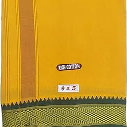 Traditional Mens Pure Cotton Dhoti with Angavashtram, 9x5 Size, Green and Maroon Border, Mango Yellow Colour, 4 Metres Dhoti with 2.25 Metres Angavashtram, 9+5 Panchakacham-image-34