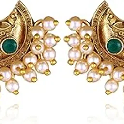 Vivastri"s Gold Plated Alloy Made White Plastic Pearl Beaded Stylish CZ Stone Studded Green Coloured Stud Earring For Women & Girls-VIVA2620ERG-GREEN-picture-49