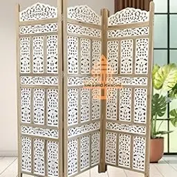 WoodCraftia Wooden Room Divider Partition - Foldable Wood Screen Separator for Living Room, Bedroom, Office, Restaurant || Kangra Badrun Design - Natural & White (3 Panel)-image-92
