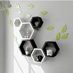 Furniture Cafe® Hexagon Wall Shelves Wooden Shelf Home Decor Items Rack for Living Room, Bedroom, Kitchen Corner, Office and More (Set of 6 | Size- Standard | Colour- Black & White)-picture-15