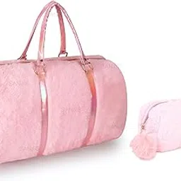 sanjis enterprise Combo of Fur Cute Trendy Duffel Bag Handbag Furry Fur Overnight Weekender Travel Bag Purse Fancy Gym Tote Bag and Makeup Pouch for Women (Pink)-picture-23