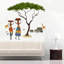 CreativeEdge PVC Vinyl Wall Sticker Animal Village Tree and Woman Design Multicolor Self Adhesive Decorative Wallpaper for Kids Room Living Room Bedroom Home (60 cm x 90 cm)-image-0