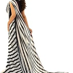pyos Black and White Striped Georgette Saree-picture-46
