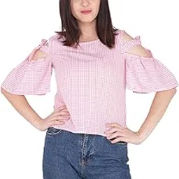 rimsha wear Trendy Pink and White Check Cold Shoulder Women top-picture-30