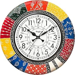 RoyalsCart Ethnic Handcrafted Decorative Wall Clock with Rajasthani Painting | Multicolour Wooden Clock for Living Room | 24 Hours | 16 Inch | Vintage Design | Silent Sweep Movement [KTWC139N]-picture-13