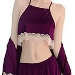 ledelav Sexy 3-Piece Silky Satin Pajama Set for Women - Kimono Robe, Crop Top & Shorts with Floral Lace Lingerie Set-picture-21