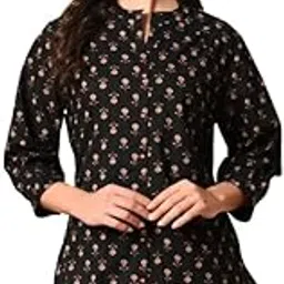 meesan Women's Mandarin Collar Printed 3/4th Sleeves Black Casual Tunic-picture-20