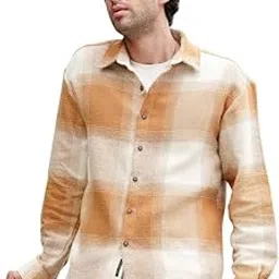 Men Shirt | Spread Collar, Long Single-Button Cuff Sleeves | Button, Straight Hem | Plaid Twill | Woven Fabric for Casual Tan Brown:Off White-image-46