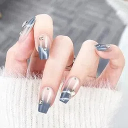 Secret Lives Glossy Transparent Bottom Reusable Artificial Fake False Blueish Grey with 3D Studs Luxury Press on Nails 24 Pieces with Kit-image-31