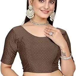Priyanka Traders Women's Round Neck Dobby Fabric Stretchable Short Sleeve Readymade Saree Blouse image 1