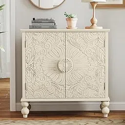 Goldview Furniture Solid Wood Cabinet with 2 Carved Doors – Adjustable Shelf Accent Sideboard for Living Room, Kitchen & Entryway, White (Beige)-image-25