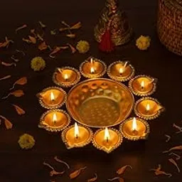 NAYA NAVAB Decorative Metal Gold Urli Bowl Set with 10 Tea Light Holders, Traditional Floating Candle & Flower Arrangement Bowl for Home, Living Room, Festive Decor-picture-50