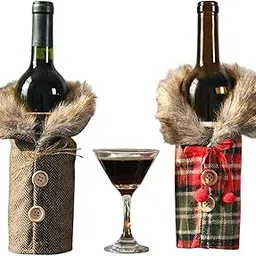 Moira Wine Bottle Cover, Linen Plaid Sweater Design with Faux Fur Collar and Button (Multicolor)-picture-16