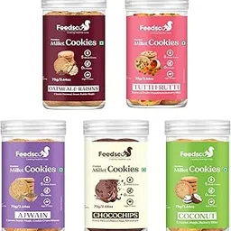 Feedsco Millet Cookies 75gm Pack of 5 - Tasty & Healthy Snack with Natural Sweetness - Best Healthy Cookies for Kids & Adults image 1