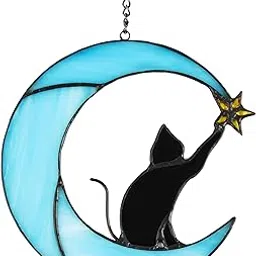 Zedesey Stained Glass Cat on Moon Pick Star Window Hanging Suncatchers Cat Memorial Gift Cat Decor Cat Lover Gifts for Women (Black Cat on Blue Moon)-picture-24
