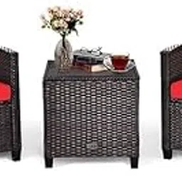 LOCCUS Patio Furniture Set,Wicker Bistro Set 3 Pieces Outdoor Furniture,Rattan Table and Patio Sofa Set for Balcony, Yard, Porch and Deck (Dark Brown and Red)-image-28
