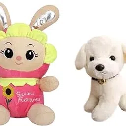 Plush Toy Set, Bunny Sunflower with White Dog Puppy, 2 Pieces (30cm)-picture-44