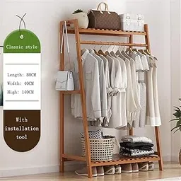 Alpine Bamboo Multifunctional Cloth, Coat Stand with Rack, Top, Shoe Shelf with 2 Hook Clothing Storage Organizer for Hallway, Living Room (Wooden, L:- 80 x W:- 40 x H:- 140 cm)-picture-16
