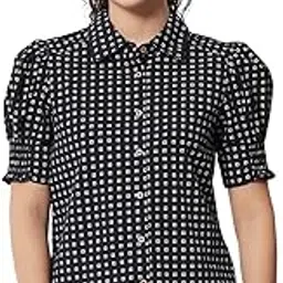 beatnik Yarn Dyed Check Spread Collar Dark Red Women Cuffed Sleeves Shirt-picture-53