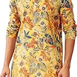 vastramay Men's Mustard Cotton Linen Long Kurta - Digital Print Festive Ethnic Wear with Hand Embroidery for Diwali Navratri Wedding-picture-16