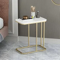 DDS Dream Decor Shoppee Slim C Shaped Side Table, Iron Frame MDF Top Modern Accent Coffee Table Compact Bedroom Bedside Tables Lamp Table with Metal Frame Living & Bed Room Decor (Golden White) image 1