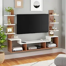 FURNEASER Dravin Modern Wall-Mounted TV Entertainment Unit for Living Room – Floating TV Stand with Storage Shelves & Display Racks – Wooden Media Console for 43 Inch (Exotic Teak & White)-picture-42