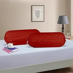 Kuber Industries 2 Pcs Aesthetic Bolster/Side Pillow Cover with Dori for Sofa & Diwan | Washable Cylindrical Takiya & Round Pillow Cover for Home Decoration | Floral Design - Red-image-30