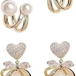 Pearl Drop Earrings and Crystal Heart Studs Set, Gold-Plated Fashion Jewellery, 2 Pairs-picture-19