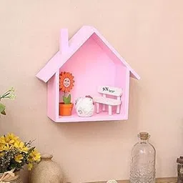 "Pink Hut-Shaped Wooden Wall Hanging Rack with Painted Floating Shelves – Decorative Stand for Living Room, Bedroom & Balcony image 1