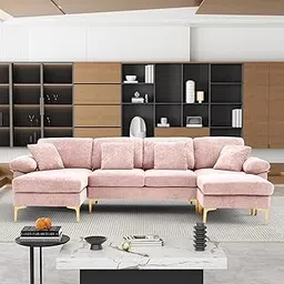 OUYESSIR U-Shaped Sectional Sofa Couch, 4 Seat Sofa Set for Living Room, Convertible L-Shaped Velvet Couch Set with Chaise Lounge, Ottoman and Pillows,114 inches (Pale Pink)-picture-33