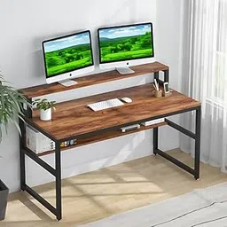 Deskio Computer Desk with Lower Shelf & Monitor Riser, Laptop Table, Study Table, Writing Table, Industrial Table, Workstation, Multipurpose Table – Brown (120L x 60W x 94H Cm)-image-0