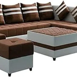 Wood A N Furniture Elegant L-Shaped Sectional Sofa Set, Brown and Grey, 6 Seater with Ottoman and Cushions, Premium Fabric Upholstery, Living Room Furniture, 101.5x60x33 inches-image-27
