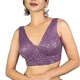 figure's designer Women's Sequin Embroidered Premium Net Fabric Sleeveless V Neck Sabyasachi Cut Readymade Saree Blouse E20-picture-14