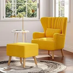 Modern Wingback Accent Chair with Ottoma, Velvet Upholstery, Channel Tufted Design Armchair with Footrest for Living Room, Bedroom, Office (Yellow)-picture-11