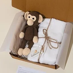 Newborn Gift Set | Crochet Soft Toy & Muslin Swaddle Combo | Newborn Gift idea | Gifting for Infants/Babies |100% Muslin swaddlecloth | Toy for Gifting | 3 Months + (MAAKAD TOY WITH SWADDLE)-picture-17