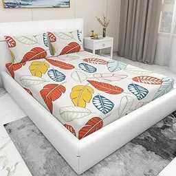 WINGSCROWN Tropical Leaf Print Bedding Set with Duvet Cover and Pillowcases, White with Multicolour Pattern-picture-34