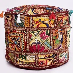 Handicraft-Palace Maroon Round Pouf Foot Stool Poof Cover 18" Inch Embroidery Pouf Ottoman Pouffe Cover-picture-18