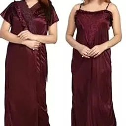 phkmall Satin Maxi Pack of 2 Women Nighty with Robe Brown Free Size-picture-41
