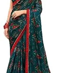 roop sundari sarees Women's Latest Floral Foil Printed Chiffon Saree For Women With Temple Gota Patti Lace Border & Blouse(Multicolored_Free Size 6.30)-picture-21