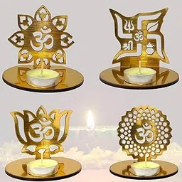 FIDFOL Om Shadow Tea Light Candle Holder, Golden MDF Wood, Lotus, Swastik, Design, Decorative Diya Stand for Home, Office, Festival, Diwali Gift for Festival (Set of 4)-image-24
